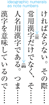 An example of ideographic numerals as note numbers with hiraji shape